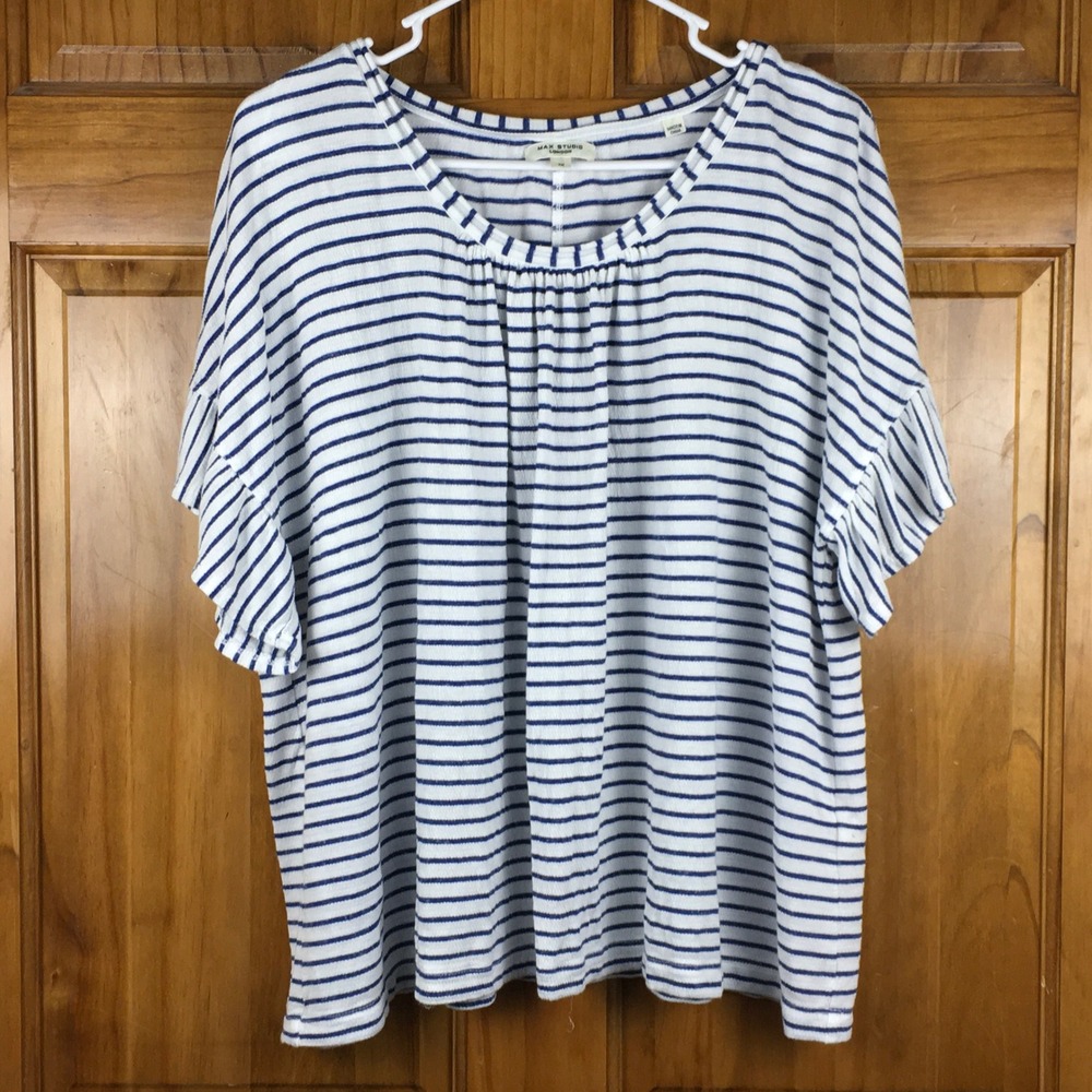 Nautical Blue White Striped Ruffle Flutter Sleeve Top Womens 1X Coastal Breezy